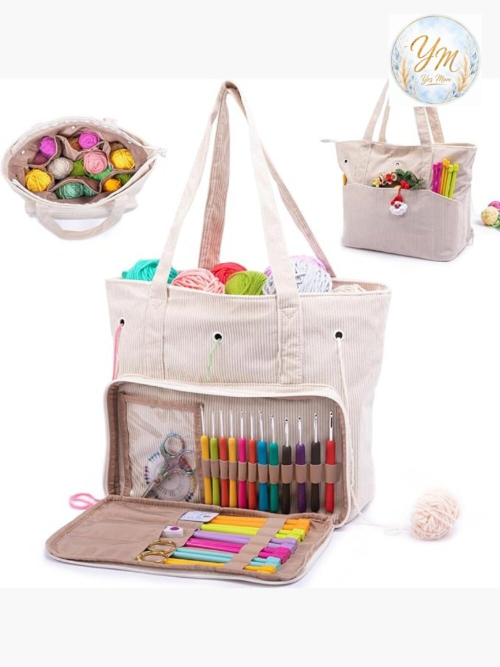 Large Corduroy Yarn Bag - Tote for Crochet Hooks & Accessories - Knitting
